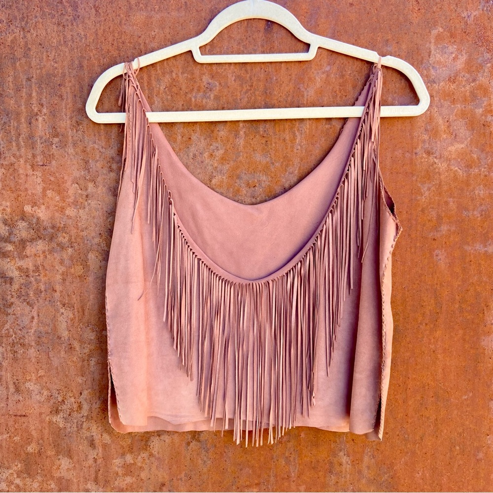 Fringed Suede Crop Tank Top - Dusty Rose